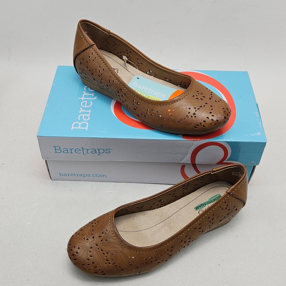 Baretraps Mariah Caramel Brown Laser Cut Floral Flats BT24819 Womens 6.5